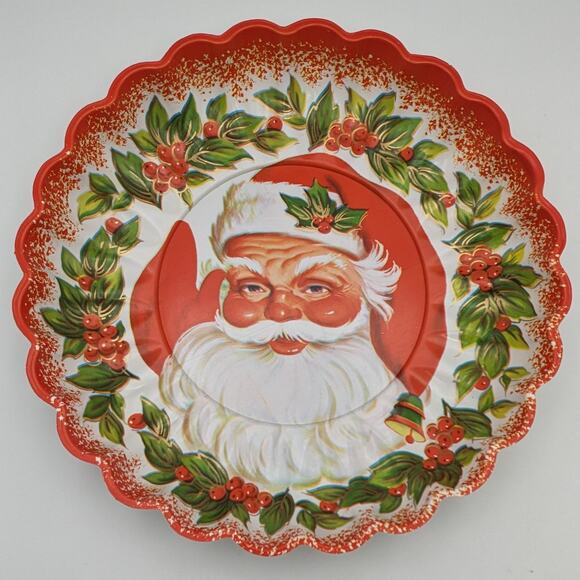 Vintage Christmas Santa Tray 9.5" Cookie Candy Serving Scallop Holiday MCM Decor - Picture 9 of 16